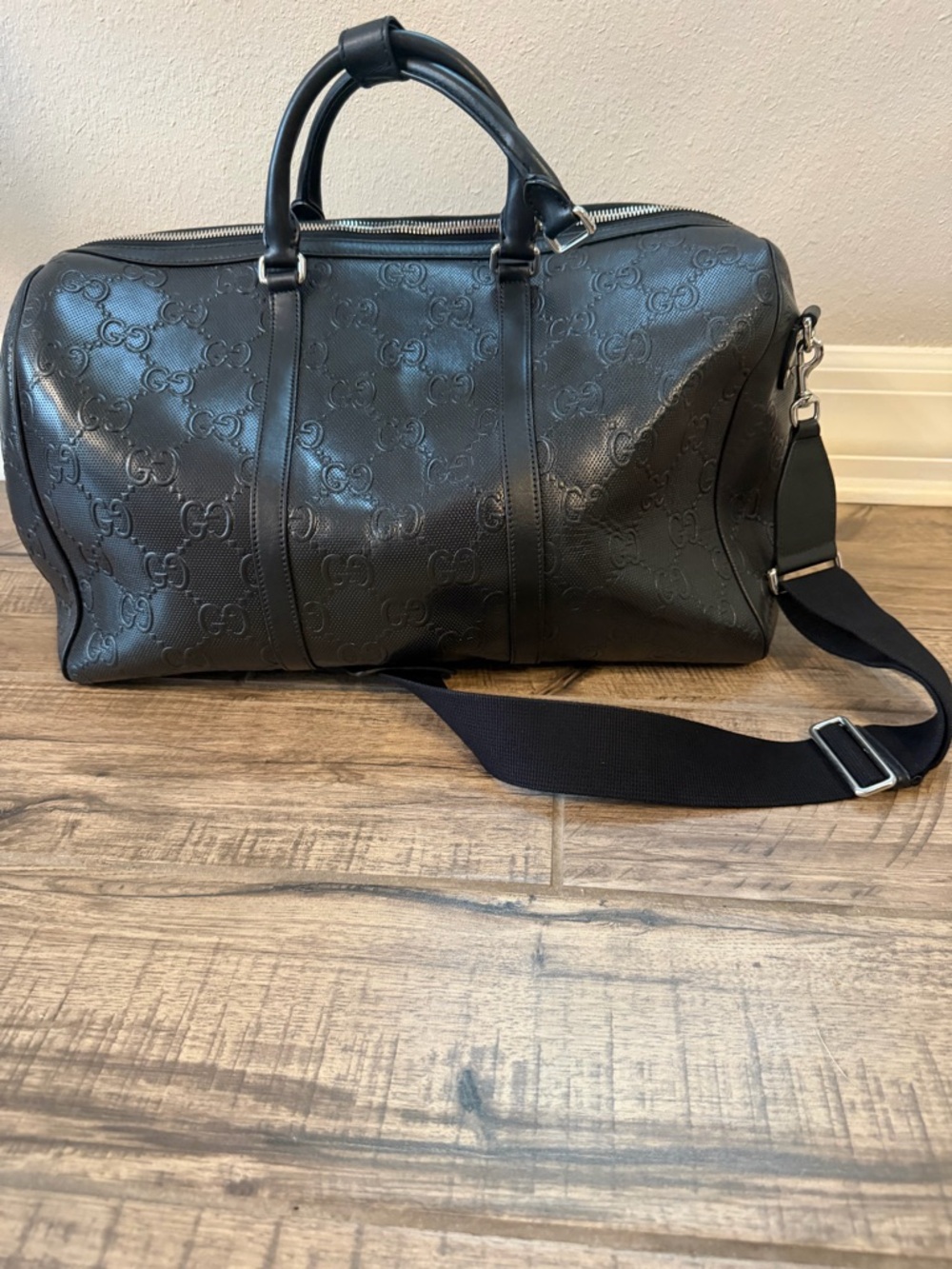 Gucci Black Embossed GG Leather Duffel with Detachable Strap